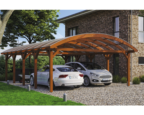 Doppelcarport aus Holz mit zwei Autos