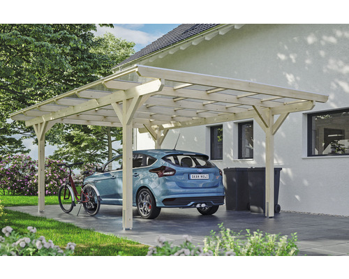 Holz Carport mit Auto und Fahrrad untergestellt