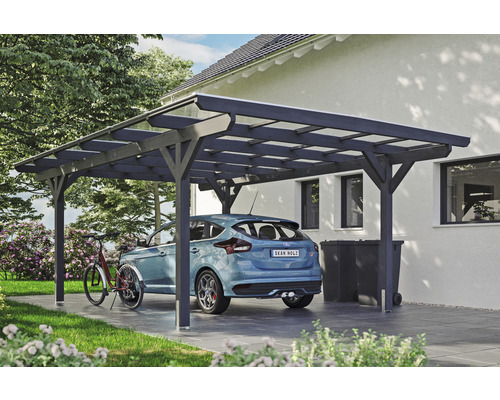 Carport aus Holz mit Auto und Fahrrad