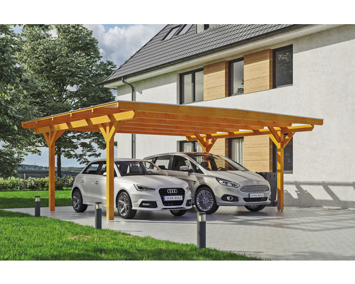 Doppelcarport SKAN HOLZ Odenwald inkl. Pfostenanker 640 x 541 cm eiche hell Doppelcarport aus Holz mit zwei geparkten Autos vor einem Haus