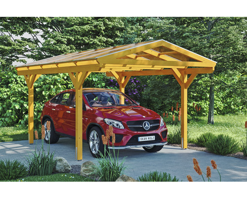 Carport aus Holz mit rotem Auto im Garten
