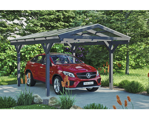 Einzelcarport SKAN HOLZ Westerwald inkl. Pfostenanker 362 x 541 cm schiefer Auto unter einem Carport mit transparentem Dach und Holzstruktur
