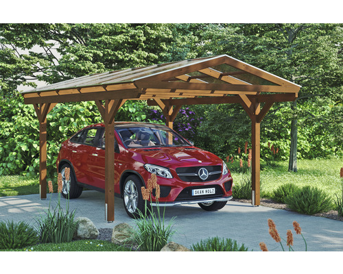 Einzelcarport SKAN HOLZ Westerwald inkl. Pfostenanker 362 x 541 cm nussbaum Carport aus Holz mit einem Auto darunter