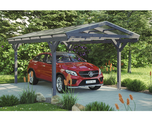 Einzelcarport SKAN HOLZ Westerwald inkl. Pfostenanker 362 x 648 cm schiefer Ein Carport aus Holz mit einem Auto darunter.