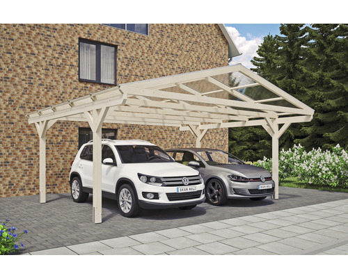 Doppelcarport aus Holz mit zwei parkenden Autos