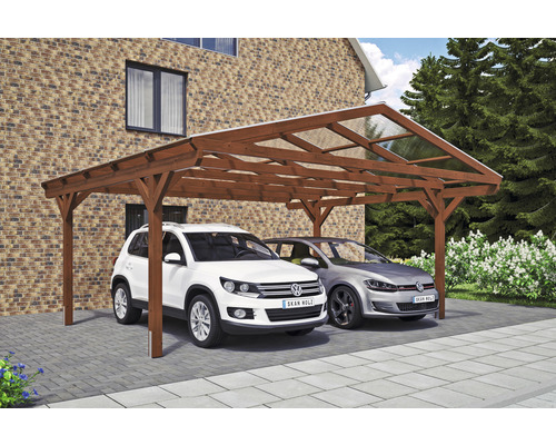 Doppelcarport SKAN HOLZ Westerwald inkl. Pfostenanker 570 x 541 cm nussbaum Doppelcarport aus Holz mit zwei parkenden Autos