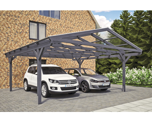 Doppelcarport aus Holz mit zwei Autos vor einem Haus