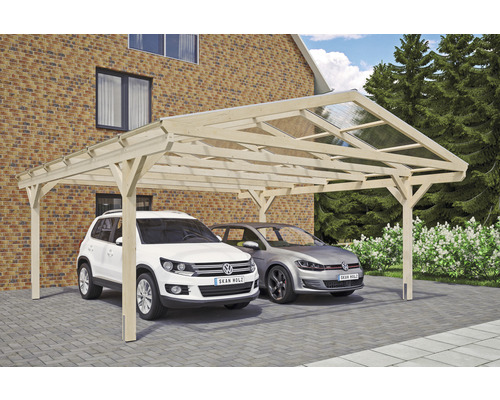 Doppelcarport aus Holz mit zwei parkenden Autos