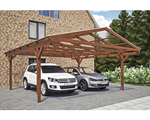 Doppelcarport SKAN HOLZ Westerwald inkl. Pfostenanker 570 x 648 cm nussbaum Doppelcarport aus Holz mit zwei parkenden Autos