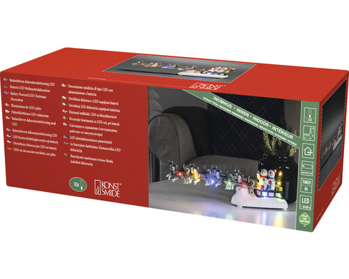 Verpackung einer LED-Weihnachtsdekoration mit Huskyschlitten und Schneemannfiguren für den Innenbereich