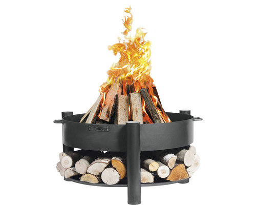 Feuerstelle mit Holz und brennendem Feuer