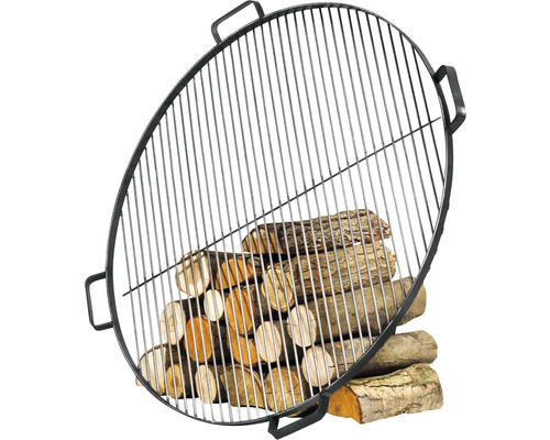 Feuerkorb mit Grillrost und Holzscheiten