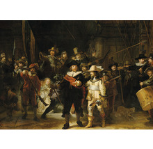 Das Gemälde Die Nachtwache von Rembrandt zeigt eine Gruppe von bewaffneten Männern.