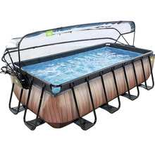 Rechteckiger Frame-Pool mit Holzoptik und Überdachung
