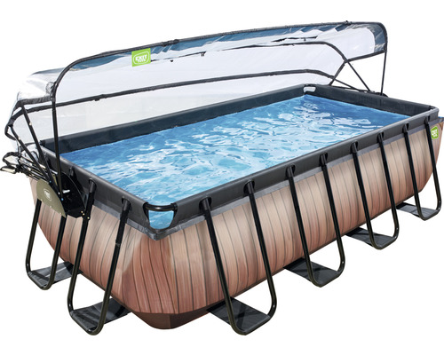 Rechteckiger Frame-Pool mit Holzoptik und Überdachung