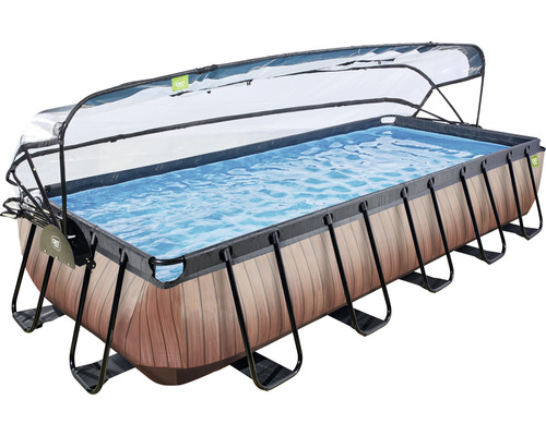 Rechteckiger Rahmenpool mit Holzoptik und Abdeckung