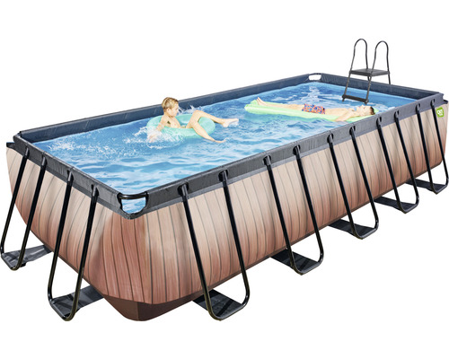 Rechteckiger Pool mit Stahlrahmen, Holzoptik und Leiter