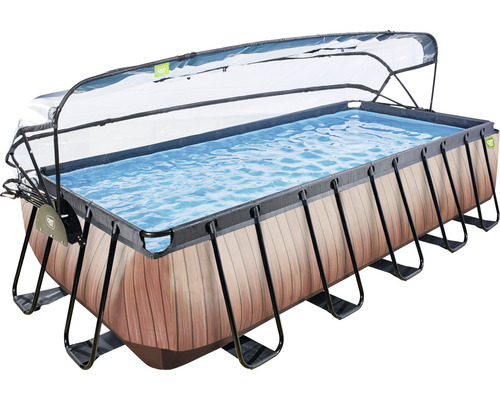 Rechteckiger Pool mit Holzoptik und transparenter Abdeckung.