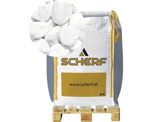 Zierkies Marmor 25-40 mm 1000 kg Bigbag Carrara-Weiß Dekorativer Zierkies in einem Sack auf einer Palette mit dem Schärf Logo.