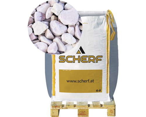 Zierkies Kalksteinkies 20-30 mm 1000 kg Juli-Bunt Big Bag Zierkies auf Palette mit Nahaufnahme der Kieselsteine