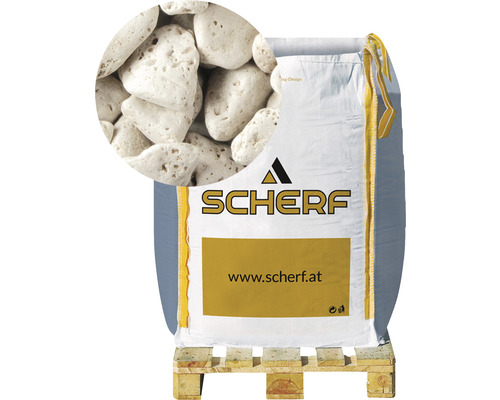 Zierkies Travertinkies 15-25 mm 1000 kg Bigbag Crème-Caramel Sack mit Zierkies auf einer Palette mit einer Detailaufnahme von Zierkies, Marke Scherf