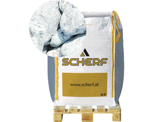 Zierkies Marmor 40-60 mm 1000 kg Bigbag Alpen-Grün Sack Zierkies auf Palette mit Detailaufnahme