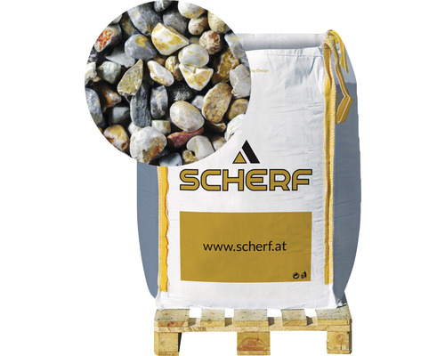 Zierkies Teichkies 16-32 mm 1000 kg Bigbag grau-bunt Sack Zierkies auf einer Palette mit Nahaufnahme der Kiesstruktur