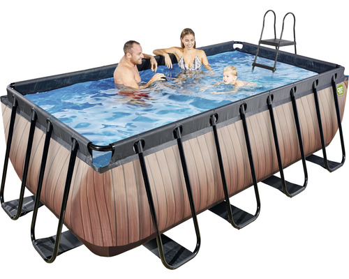 Rechteckiger Pool mit Stahlrahmen, Holzoptik, Leiter und badenden Personen