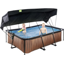 Rechteckiger Frame-Pool mit Holzoptik und Sonnenschutzdach, darin zwei Kinder