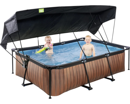 Rechteckiger Frame-Pool mit Holzoptik und Sonnenschutzdach, darin zwei Kinder