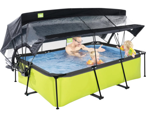 Aufstellpool mit Überdachung und Familie im Wasser
