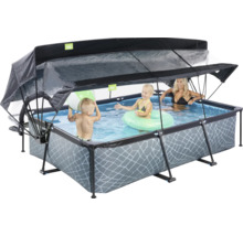Rechteckiger Aufstellpool mit Überdachung und spielenden Kindern im Wasser.