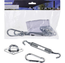 Befestigungsset für Sonnensegel, bestehend aus Karabinerhaken, Spannschloss und Wandbefestigung