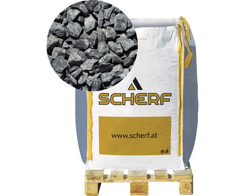 Basaltsplitt Flairstone 8-12 mm 1000 kg Bigbag schwarz Schotter in einem Big Bag auf einer Palette mit Nahaufnahme