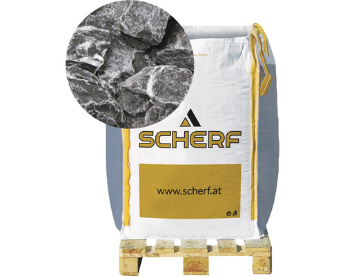 Marmorbruch 25-50 mm 1000 kg Bigbag schwarz-weiß Scherf Logo. Sack Ziersteine auf einer Palette