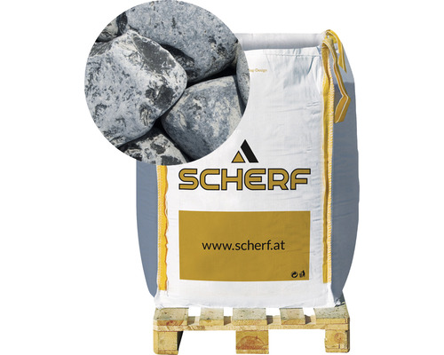 Marmorkies 40-60 mm 1000 kg Bigbag Ebano-Schwarz Sack Zierkiesel auf Palette mit Detailaufnahme