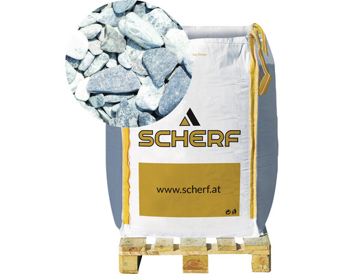Zierkies Marmor 7-15 mm 1000 kg Bigbag Alpen-Grün Sack Zierkiesel auf Palette mit Nahaufnahme der Steine