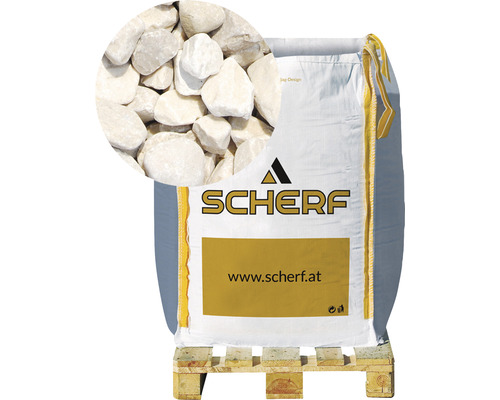 Zierkies Gletscherkies 16-25 mm 1000 kg Bigbag Chateau-Beige Sack mit Zierkies auf einer Palette mit Nahaufnahme des Kies