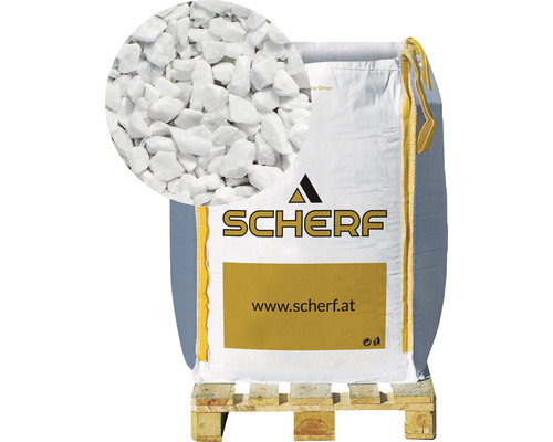 Marmorsplitt 9-12 mm 1000 kg Bigbag Carrara-Weiß Sack mit weißen Zierkieseln auf einer Palette, mit Detailansicht