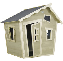 Spielhaus aus Holz mit Dach und Fenstern