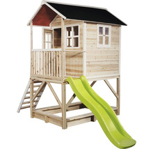 Spielhaus aus Holz mit Rutsche und Sandkasten