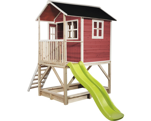 Spielhaus aus Holz mit Rutsche, Leiter und Sandkasten