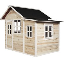 Spielhaus aus Holz mit Fenstern und Tür