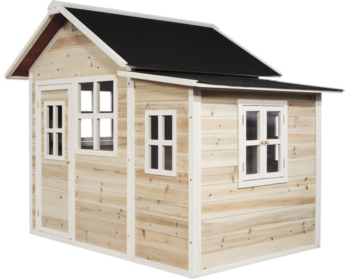 Spielhaus aus Holz mit Fenstern und Tür