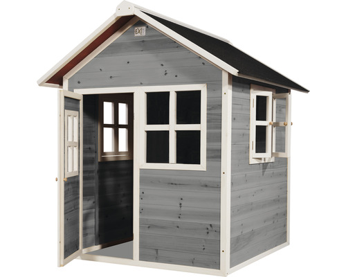 Graues Holzspielhaus mit Tür und Fenstern