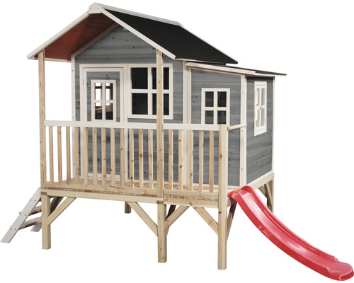 Holzspielhaus Spielhaus Kinderspielhaus EXIT Loft 350 grau Spielhaus aus Holz mit Rutsche und Leiter