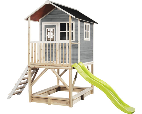 Holzspielhaus Spielhaus Kinderspielhaus EXIT Loft 500 grau Spielhaus mit Rutsche und Sandkasten aus Holz für den Garten