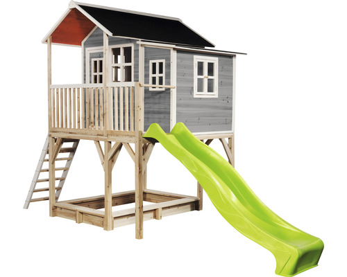 Spielhaus mit Rutsche, Sandkasten und Leiter aus Holz