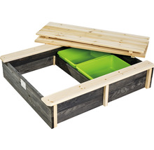 Sandkasten aus Holz mit Deckel und zwei grünen Kunststoffwannen