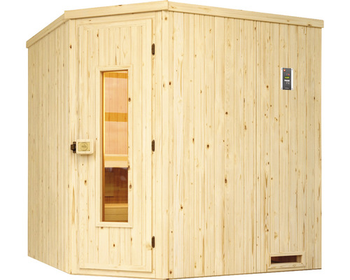 Holzsauna mit Glastür und Steuerungselement